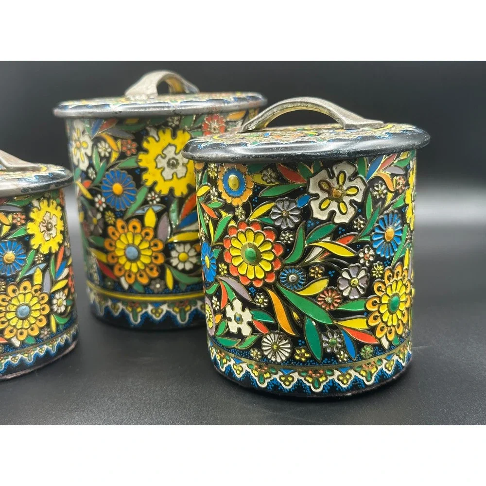 Vintage Daher Floral Metal Canisters Set of 3 Made in Holland Mid Century Tins